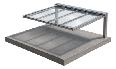 Concrete terrace with a retractable glass canopy, suitable for a minimalist home to maintain a sleek aesthetic.