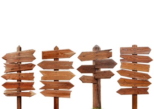 Set Wooden signposts with various arrows pointing in different directions, isolated on a transparent or white background