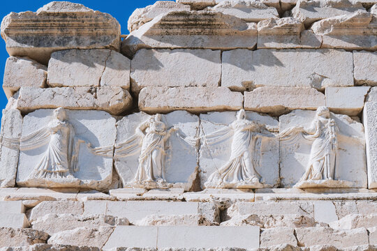 Ancient heroon in Sagalassos adorned with frieze of dancing maidens, commemorating local heroes in Roman Anatolia