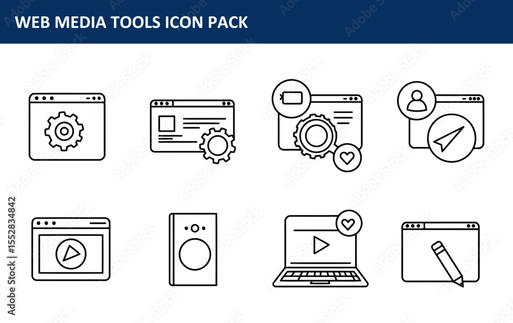 Poster the web media tools icon pack with simple, modern icons for website design and development is presen