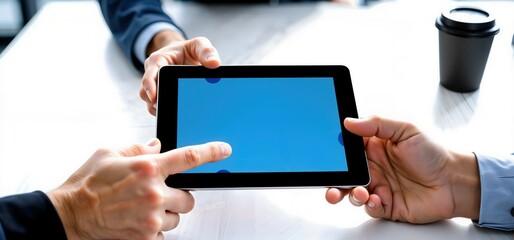 Collaborative business meeting in tablet office setting close-up professional discussion