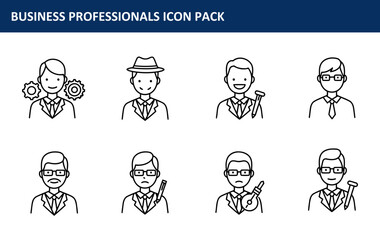 Business professionals in formal attire, various poses and occupations in a simple, clean setting. Diverse male professionals with diverse tools and/or accessories, office setting.