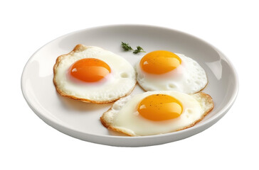 Three sunny side up fried eggs on white plate isolated on transparent background
