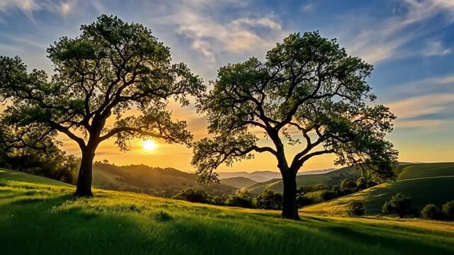 Serene sunset over hills with silhouetted trees and vibrant sky. - Powered by Adobe