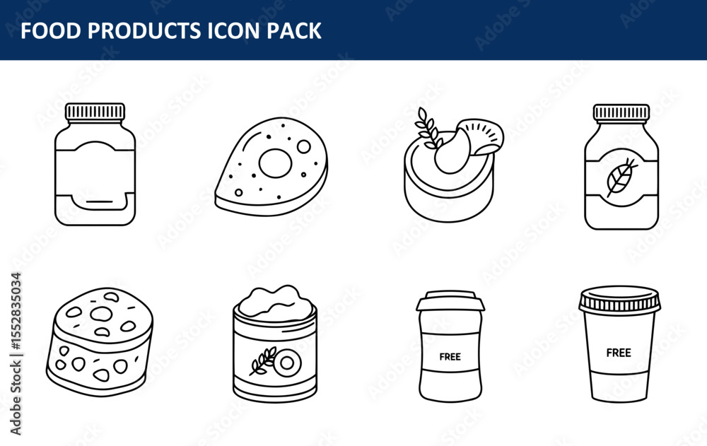 Poster food product icons in a variety of containers. simple line drawings of food products in various cont