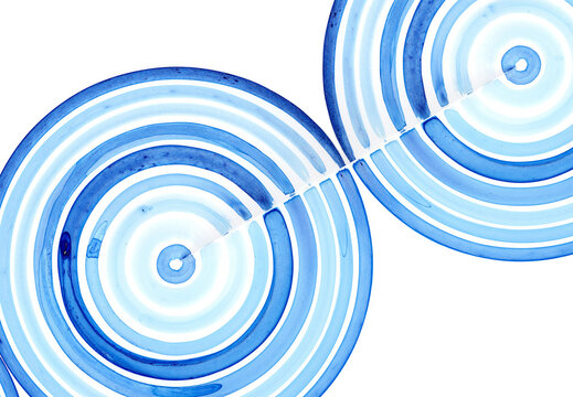 Abstract design featuring two connected blue concentric circles on a white background
