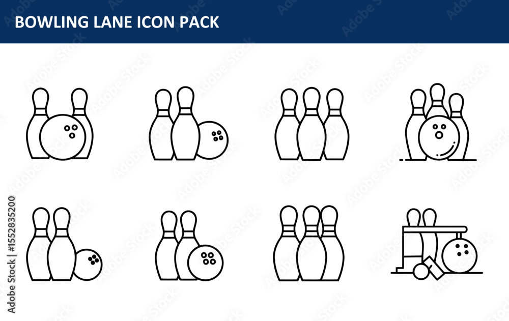 Aufkleber bowling lane icon pack with bowling pins and ball in various poses and positions. simple line art de