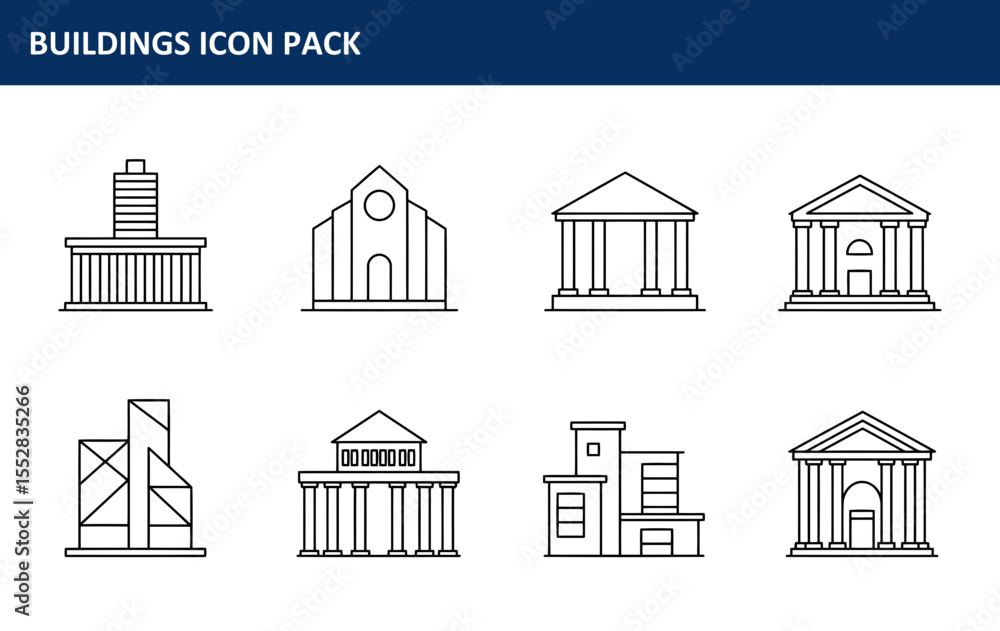 Poster buildings icon pack showcasing various architectural styles in a simple line drawing format. collect