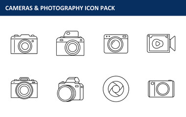 Line art collection of cameras and a video camera. Simple outline graphics of various photography equipment.