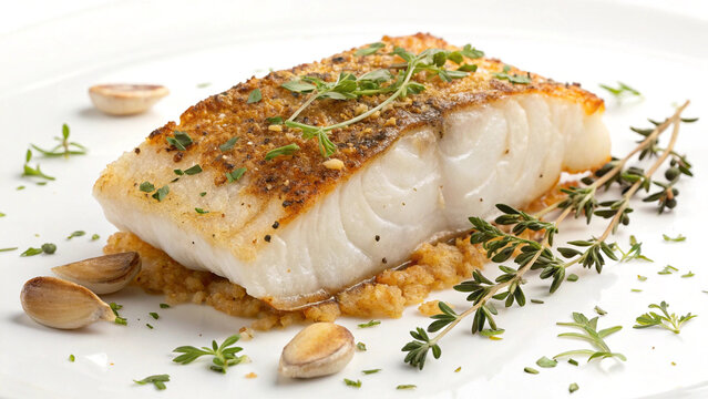 A baked fillet of fatty Lingcod fish with herbs isolated on white or transparent background