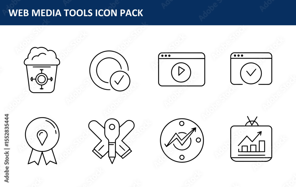 Poster web media tools icon pack showcasing various website tools and features. collection of simple, black