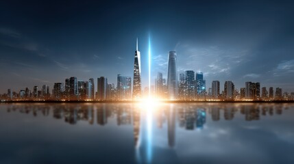 Fototapeta premium A city skyline with a tall building in the middle