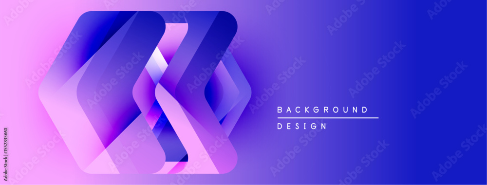 Poster Abstract geometric shapes overlap, creating vibrant gradient effect. Background features blue, purple hues. Modern design elements present.