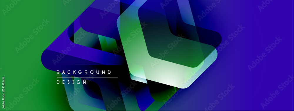 Poster Abstract geometric shapes overlap, creating vibrant green, blue gradients. Modern design elements suggest dynamic composition.