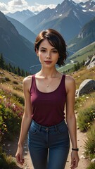 Naklejka premium a brunette woman with short hair wearing a dark red bordeaux top walking on a trekking trail in the mountains