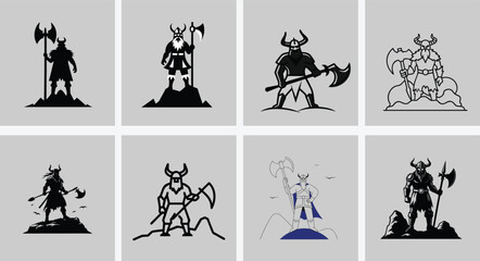 Naklejka premium Bold Silhouette of Viking Warrior Holding Axe Nordic Warrior Art Illustration