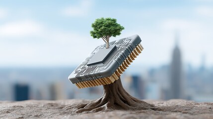 A symbolic visualization of the relationship between urban life and emerging technologies, representing innovation, connectivity, and the evolution of smart cities.