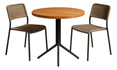 Bistro dining set with a round table and two chairs, ideal for dining al fresco on a balcony.