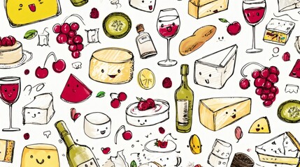 Whimsical Pattern of Cheese, Wine, and Fruits in Playful Style