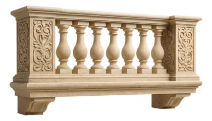 Stone balcony railing with ornate carvings for a grand Mediterranean-style villa.