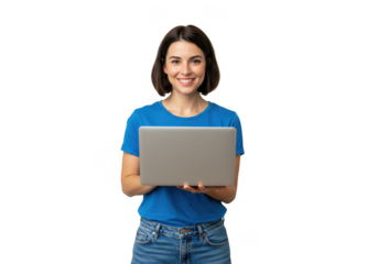 Young woman in a blue t shirt and jeans smiling while holding a laptop computer