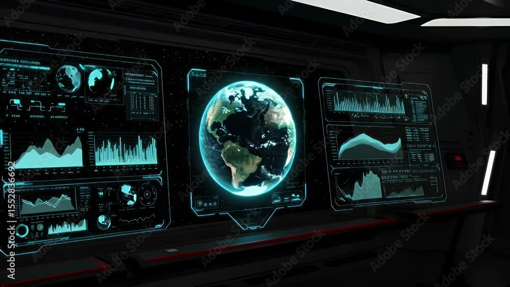 Poster futuristic control panel with glowing displays showing earth and data graphs