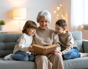 grandma and kids sitting on sofa with open book, indoor light, cozy home