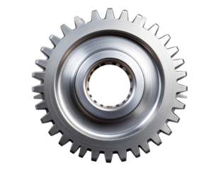 High-Gloss Chrome Gear with Reflections, Front View, Isolated on Transparent Background