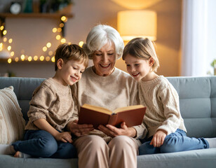 grandma and kids sitting on sofa with open book, indoor light, cozy home