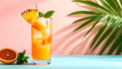 Tropical mixed fruit juice in tall glass with ice