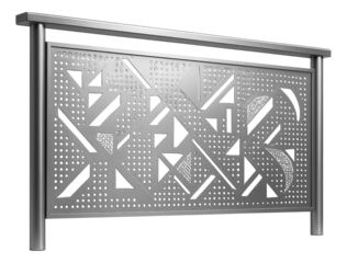 Perforated metal balcony railing with abstract designs for a trendy urban flat.