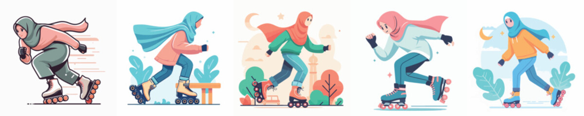 vector of hijab woman playing roller skates