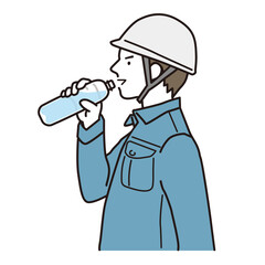 熱中症対策でペットボトルの水を飲む作業服の男性　シンプルなイラスト