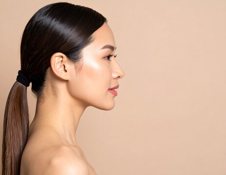 Side profile of an Asian woman with sleek ponytail, light makeup, and glowing skin. Right side empty with copy space. High-end beauty editorial look.