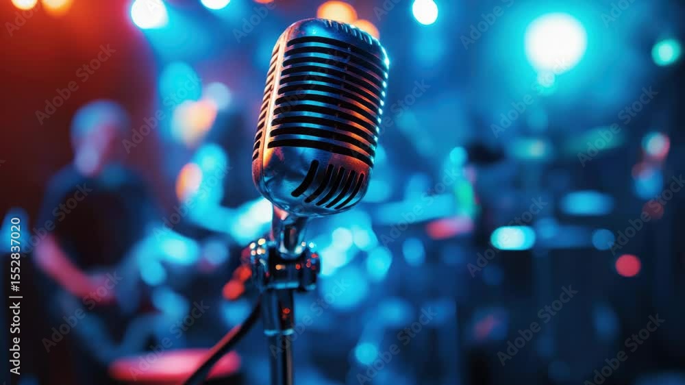 Poster A detailed view of a microphone on a performance stage, perfect for concert or event coverage