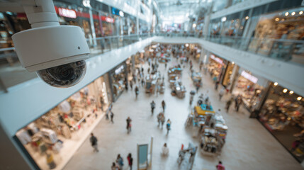 Surveillance camera monitoring crowded shopping mall from top corner representing safety security and public space supervision