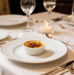 4k high quality Ai generative HD photo realistic store business menu sell selling restaurant custard vanilla burnt creme brulee caramelized sugar dessert French food fancy table dining glass candle