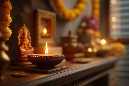 Clay diya glowing on wooden mandir shelf with framed idol and marigold garland in home pooja room