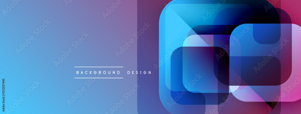 Poster Abstract gradient background. Blue, purple hues blend. Overlapping squares create modern visual effect. Minimalist design elements present.