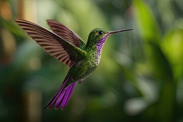 Naklejka premium Vibrant hummingbird in flight, showcasing iridescent green and purple plumage