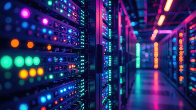 Vibrant data center hallway filled with glowing server racks and colorful led lights