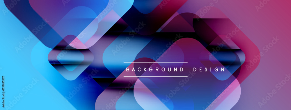 Poster abstract geometric shapes overlap, creating vibrant blue, purple gradients. modern design elements s