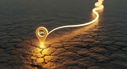 Glowing GPS location pin on dark cracked ground with winding path. Navigation and global positioning system concept for travel.