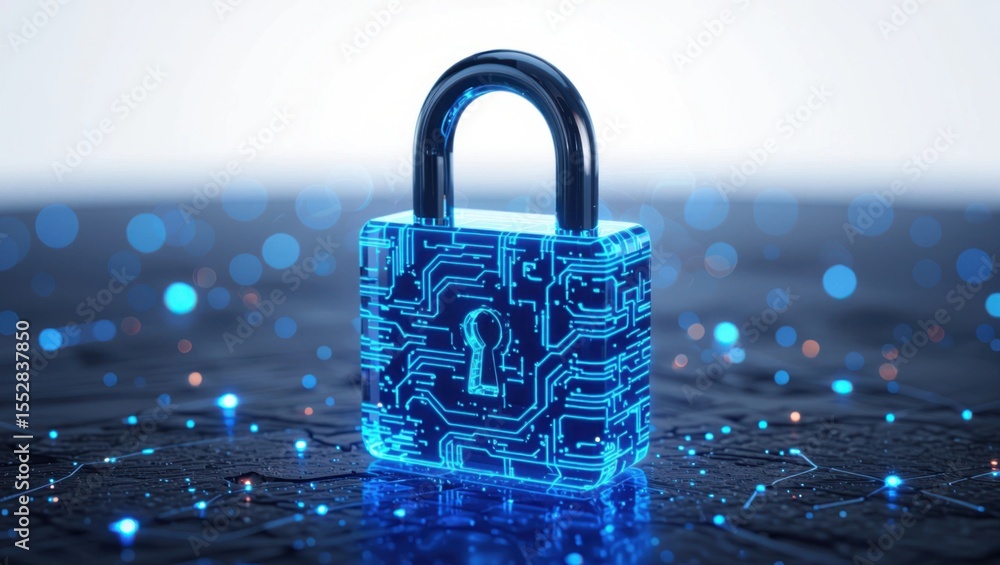 Poster futuristic digital padlock illuminated with glowing blue circuitry and abstract data flow