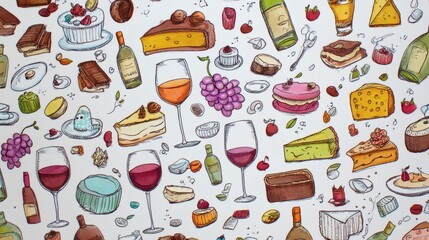 Colorful Illustration of Desserts and Drinks on a White Background