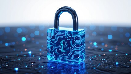 Futuristic digital padlock illuminated with glowing blue circuitry and abstract data flow