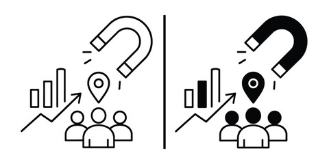 Customer Magnet Concept: A captivating visual representation of customer acquisition, a magnet symbolizes attraction, accompanied by growth charts, location pins, and figures.