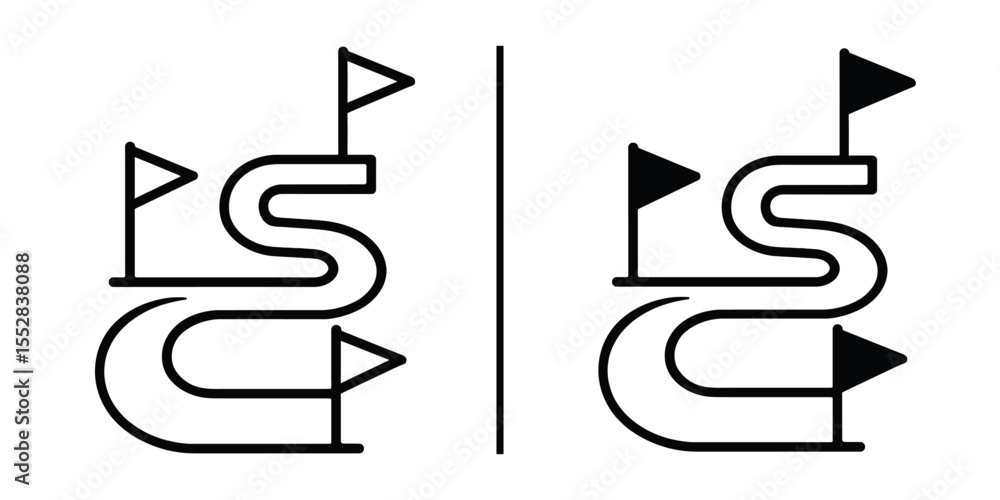 Poster navigational path graphic: a minimalist graphic represents a curved path with flags. the clean lines