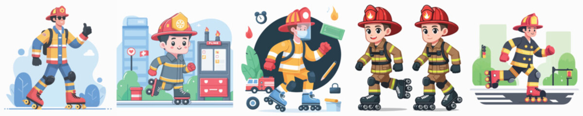 firefighter vector playing roller skates