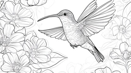 Obraz premium Hummingbird in Flowers, Line Art Illustration